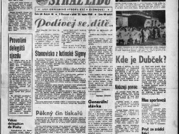 Vydání Stráže lidu z pátku 23. srpna 1968 o čtyřech stranách. Vědecká knihovna v Olomouci, sign. III 91420. 